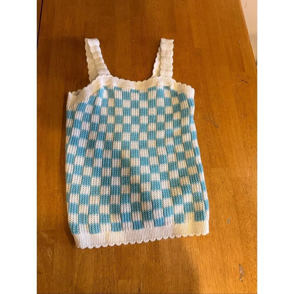 Old Navy Blue White Checkered Knit Tank Top Girls 14/16 Y2K